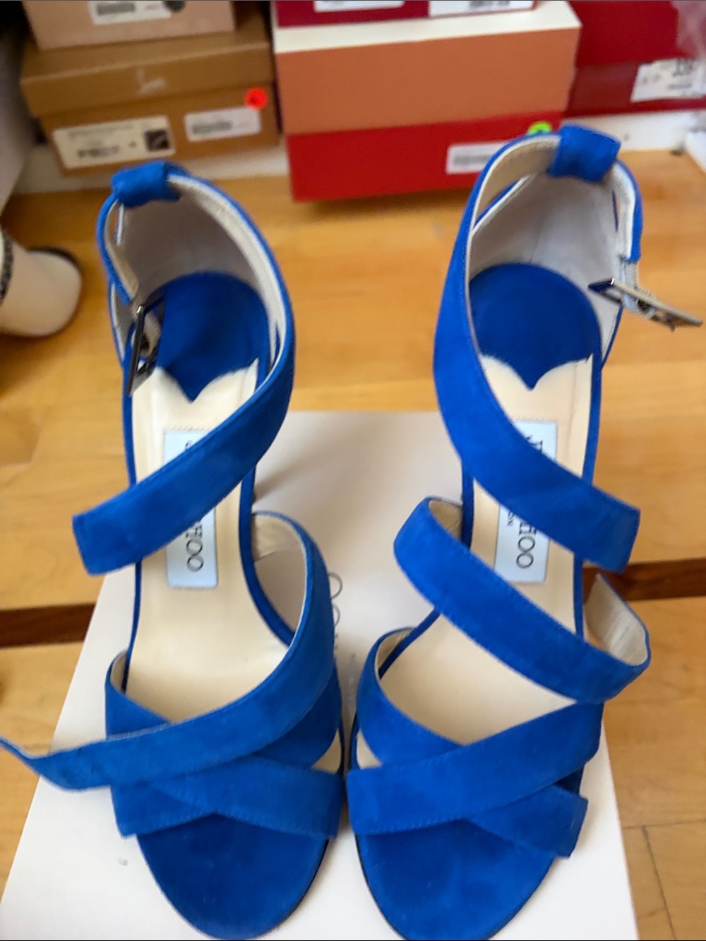 JIMMY CHOO BLUE SUEDE SIZE 36.5 STRAPPY SANDALS MADE IN ITALY - Picture 10 of 10